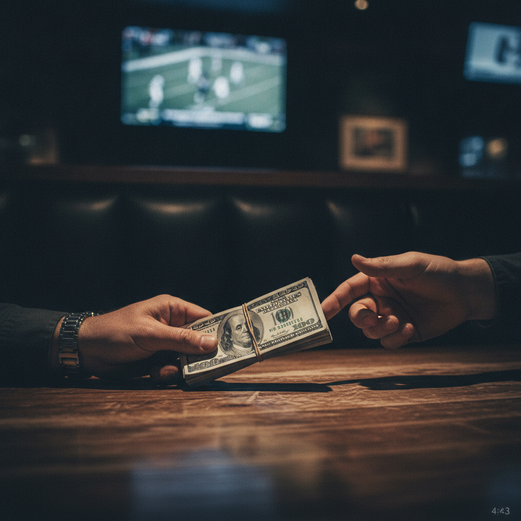 Two hands across a table in a sports bar — implying a league payout handoff, with a blurred football game on TV in the background