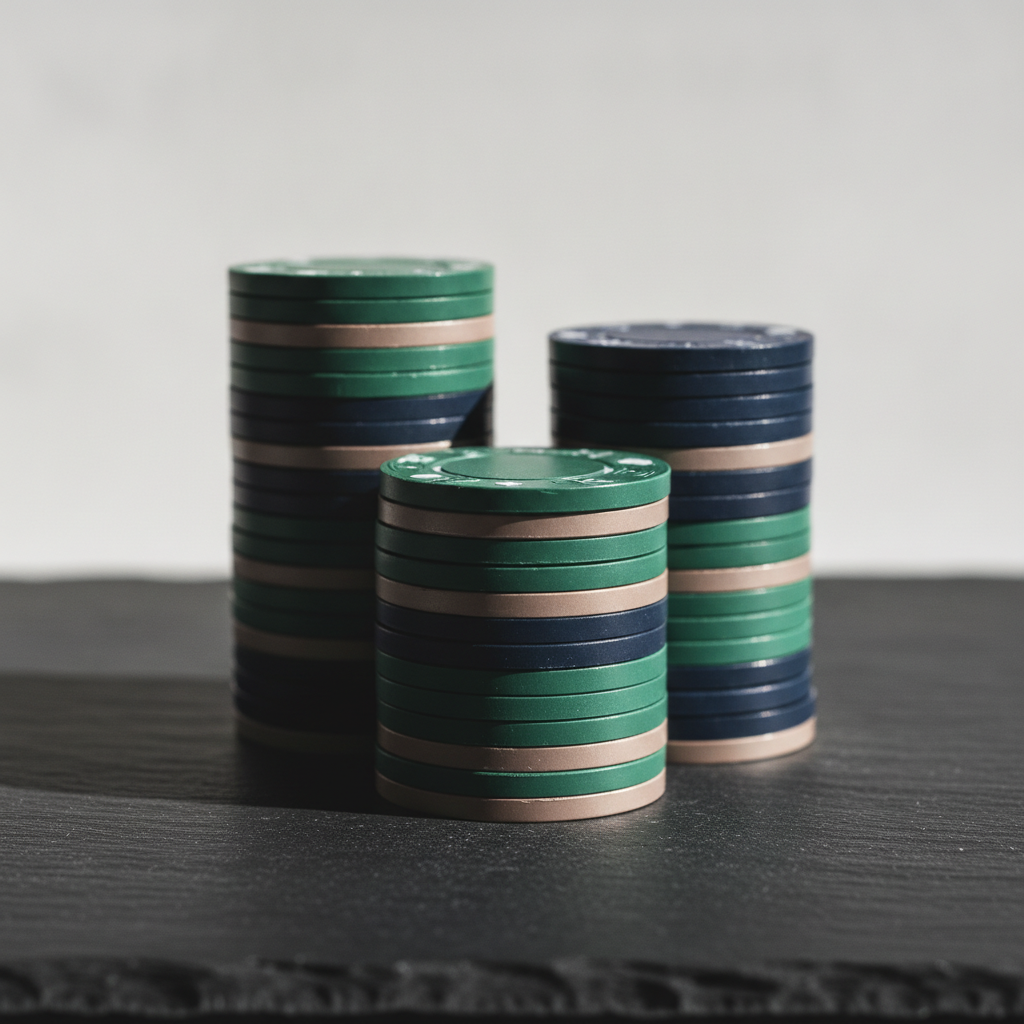 Macro photograph of stacked green and navy poker chips on dark slate — minimal and architectural